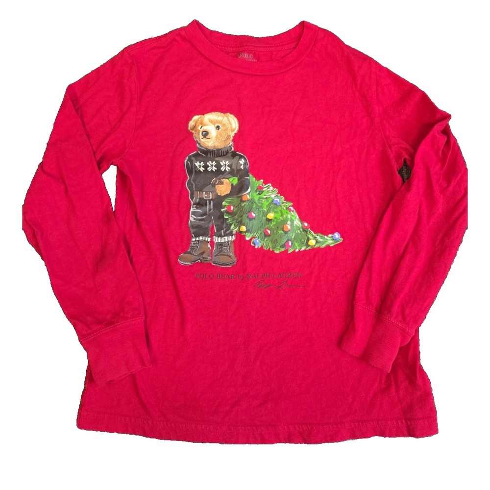 Polo Ralph Lauren Bear Long Sleeve T-Shirt Kids Size 7 Christmas Tree Red